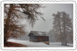 Weihnachtskarte 05: die Hütte im Winternebel