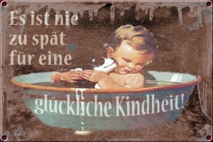 Blechschild glückliche Kindheit Junge Hund Badewanne / Foto + Collage: TELOS - 11875