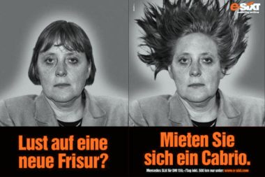 Werbung witzig Anzeigen Verkehr Auto Sixt Merkel Kabrio Auto Frisur G / Repro: TELOS